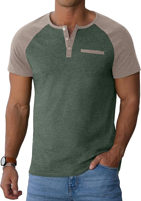 Men's Cotton Henley Short Sleeve Casual T-Shirts with Pocket